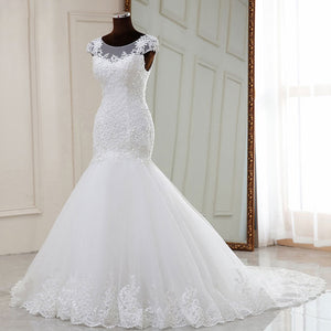 Long White Lace Sequin Embroidered Applique French Style Mermaid Wedding Gown with Sweeping Train