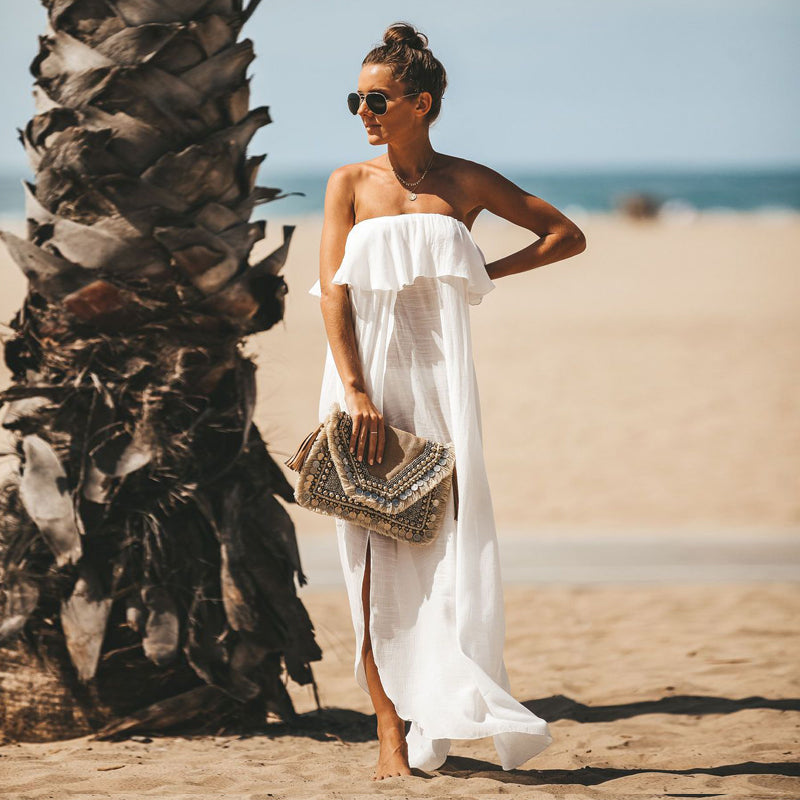 White Off Shoulder Boho Dress Strapless Maxi Dress – Jasmine Wei Factory Shop