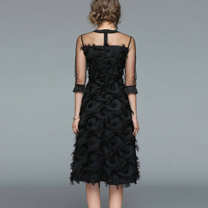 Elegant Solid Tassel Tulle Three Quarter Sleeve Cocktail Dress