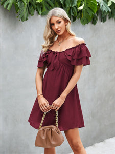 Solid Frilled Off Shoulder Tie Mini Casual Dress