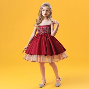 110-160cm 女の子用フォーマルイベントドレス ビーズ付きゴールドチュール パフィープリンセスドレス