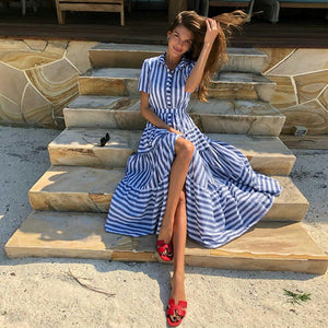 Clothes Women Casual Summer Single Breasted Long Womens Stripe Maxi Dress