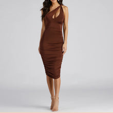 Load image into Gallery viewer, Burgundy One Shoulder Cutout Ruched Midi Bodycon Evening Dress
