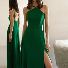 Load image into Gallery viewer, High End Green Spaghetti Halter Neck Satin Thigh High Slit Maxi Long Evening Dress
