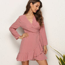 Load image into Gallery viewer, Sexy Elegant Deep V Neck Long Sleeve Wrap and Tie Polka Dot Print Mini Dress
