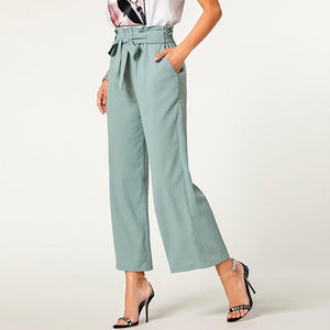hot sell new design leisure green ladies long pants belted elastic high waisted wide leg trousers female clothes