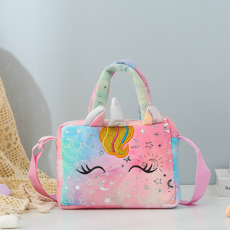 ユニコーンタイダイぬいぐるみカラフルキッズガールズかわいい刺繍漫画スリングバッグ
