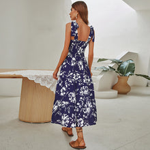 Load image into Gallery viewer, Spring Summer Print Blue Floral High Waist Long Spaghetti Casual Dress
