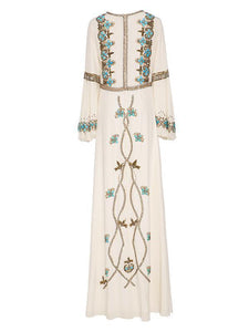 floor length long lantern sleeves ethnic dress flower pattern white embroidery boho dress