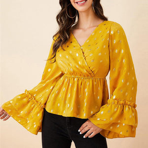 Yellow long sleeve chiffon v neck peplum blouse