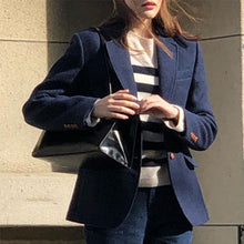Carica l&#39;immagine nel visualizzatore di Gallery, Blazer in lana casual spesso autunno inverno blu navy da donna
