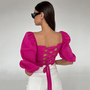 Backless Bowknot Tie Puff Sleeve Cotton Blouse