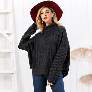 Latest elegant high quality fashionable cable pattern turtle neck slit hem wool loose short sweater for women