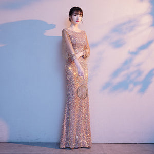 Long Sleeve Elegant Sequin Maxi Mermaid Evening Dress