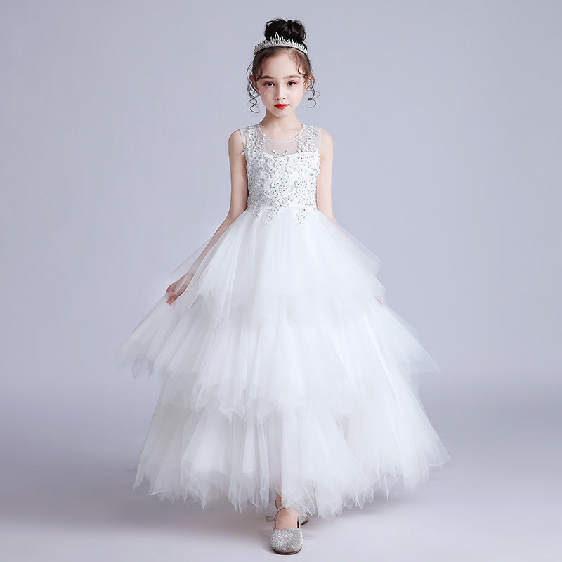 120-170cm 女の子用ロング パフィー プリンセスドレス ジュニア ウェディング フラワーガールドレス