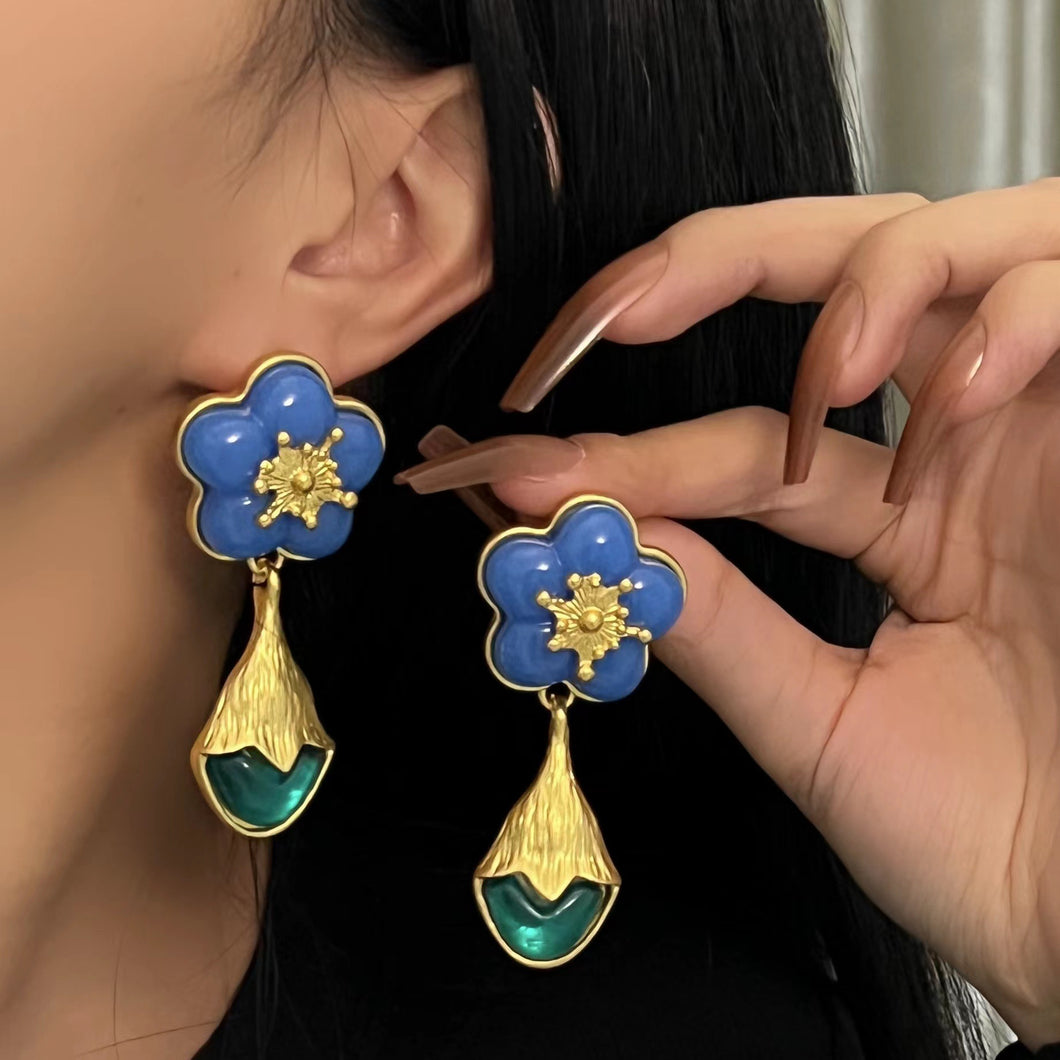 Mediaeval Elegant Green Water Drop Colored Glaze Earrings Classic Vintage Gilded Square Crystal Ear studs