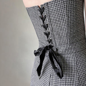 Lace Corss Tie Slim Elegant Strapless Black White Plaid Top