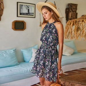 Floral Halter Neck Ruffle Mini Dress with Belt