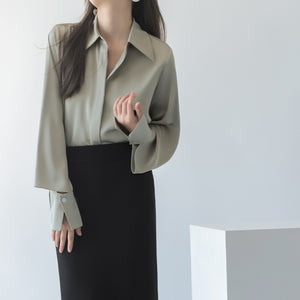 Woman Fashion Cuff Long Sleeve Satin Elegant Shirt