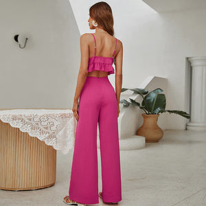Rose Ruflle Tie Tank Top Backless Long Wide Flare Leg Pants Two Piece Set