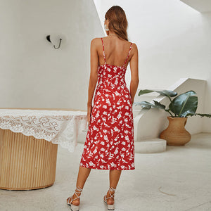 Sping Summer Floral A Line Red Spaghetti Midi Casual Dress