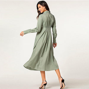Ladies Hot Sale Fashion Elegant Long Sleeve Front Tie Bow Flare Casual Shirt Dress with Back Elasticity