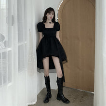 Load image into Gallery viewer, Black Organza Square Neck Puff Sleeve High Low Hem Casual Dress
