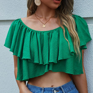 Solid Round Neck Ruched Asymmetrical Crop Sexy Short Blouse Top