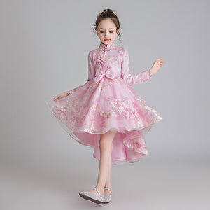 110-160cm 子供用 長袖 秋 エスニックスタイル シノワズリ チャイナドレス チュール プリンセスドレス ジュニア パフォーマンスドレス