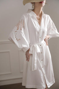 White Long Sleeve Hollow Out Embroidery Slim Shirt Dress