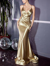 Load image into Gallery viewer, Slim Gold Backless Mermaid Long Spaghetti Strap Evening Dress
