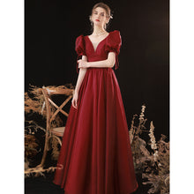 Load image into Gallery viewer, Maroon Marriage Banquet Princess Puff Sleeve Long Flare Evening Dress
