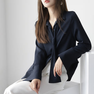 女性用長袖シフォン取り外し可能リボンホワイトシャツ
