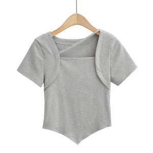 5色展開スクエアネックアシンメトリー半袖Tシャツ