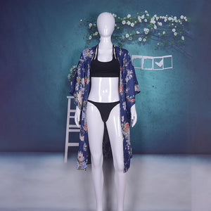 Long Printed Floral Dot Quarter Sleeve Loose Kimono Beachwear Cover Up