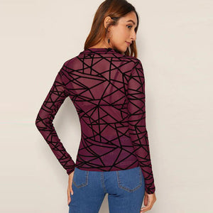 Sexy long sleeve 3 colors transparent sheer mesh nightclub T-shirt top