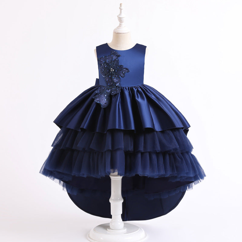 90-140cm ジュニアガールズプリンセスドレス トレーン刺繍ティアードパフォーマンスドレス