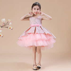 2～12歳 子供用 ファンシードレス フラワーガール ジャカード パフィー パフォーマンスドレス
