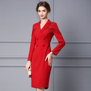 2022 Autumn Red Beaded Formal Midi Pencil Blazer Formal Dress