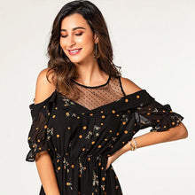 Laden Sie das Bild in den Galerie-Viewer, Black boho transparent O neck dot printing ruffled sleeve elastic waist nice lady wear off shoulder summer dress
