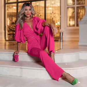 Fashion Rose Shirt Wide Leg Pencil Pants Two Piece Set