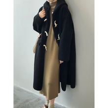 画像をギャラリービューアに読み込む, フード付きフェイクシェルパロングオーバーサイズホーンボタンシアリングコート
