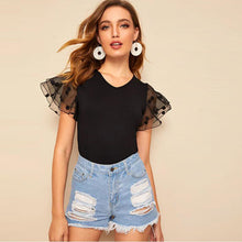 Load image into Gallery viewer, Short Sleeve Casual V neck Dot 2-layer Tulle Lace Jersey Spliced T Shirt
