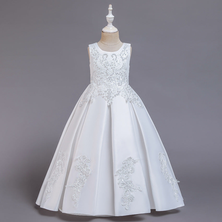 120-170cm ノースリーブ ハンドメイド ビーズ フラワーガールドレス プリンセスドレス