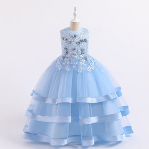 110-160cm 子供用 ハンドメイド ビーズ レース ウェディング フラワーガールドレス ロング サテン パフォーマンス プリンセスドレス