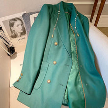 Load image into Gallery viewer, Vintage Green Double Breasted Gold Button Blazer

