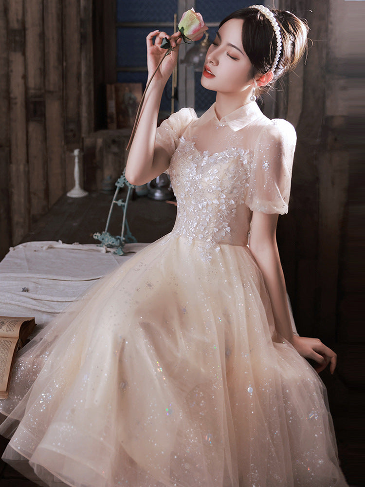 Champagne Birthday Party Engagement Performance Tulle Puffy Evening Dress