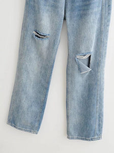 2022 Autumn New Design Denim Pants High Waist Destressed Wide Leg Straight Jeans