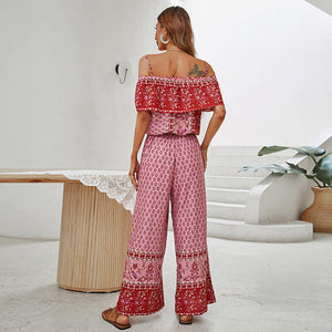 Off Shoulder Red Floral Spliced Casual Long Ladies Jumpsuit