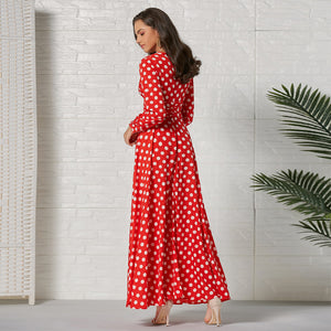 Deep V Neck Polka Dot maxi dress long sleeve